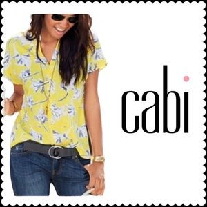 CAbi #5213 Stevie Sunny Days Blouse Top Yellow Blue Floral Short Sleeve Sz S